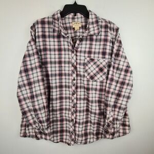 Blue Mountain Women's 2X Flannel Shirt Pink Black Plaid Cotton Button Up Top